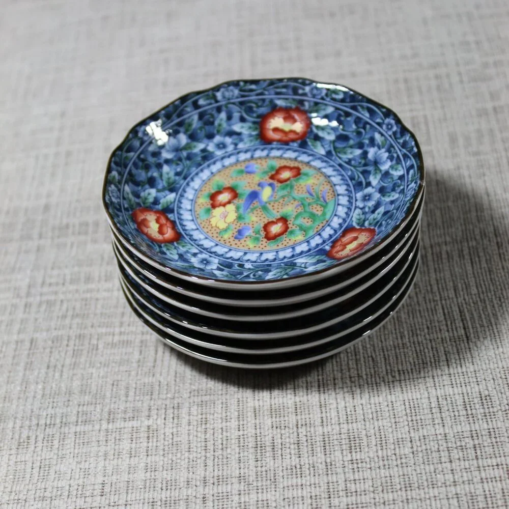 Set of 6 Asahi Japanese Elegant Ceramic Blue Small Dessert Plates 4.75